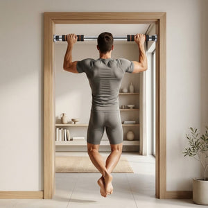 Homem fazendo barra fixa na barra instalada no batente da porta