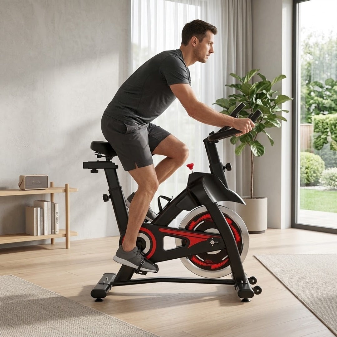 Homem pedalando a bicicleta spinning na sala de casa
