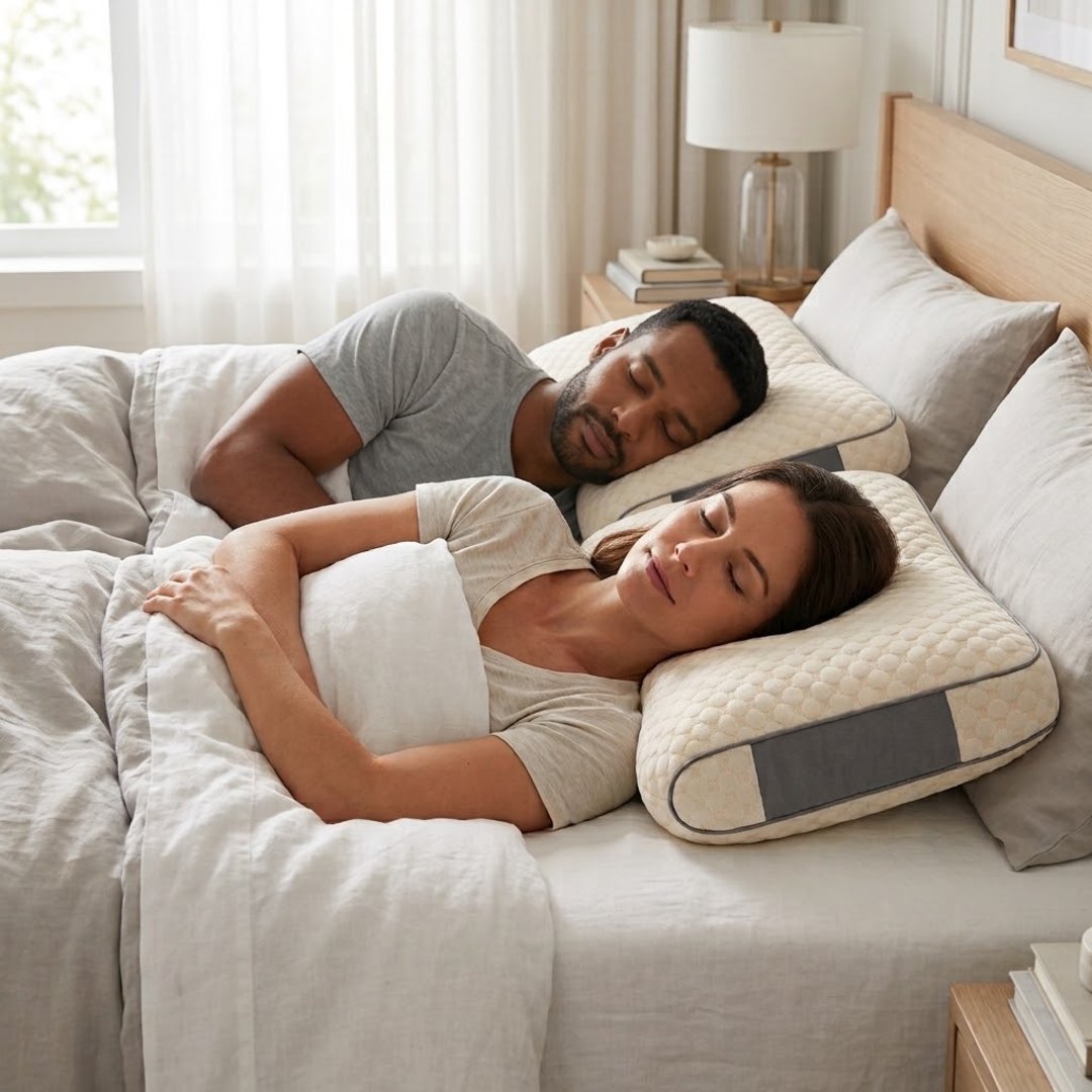 Casal dormindo junto, cada um no seu travesseiro ortopédico DuoComfort™