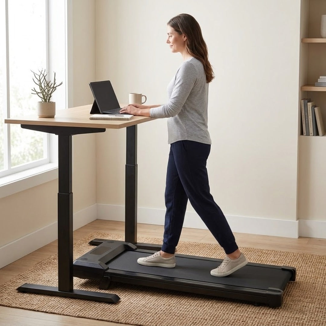 Mulher caminhando na esteira compacta sob a mesa do escritório em casa