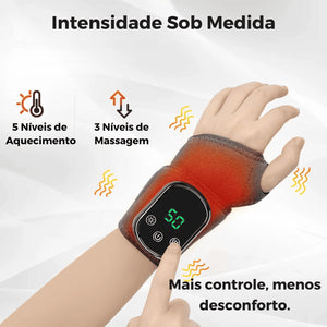 Munhequeira FlexPulse no punho com visor digital e ícones de 5 níveis de aquecimento e 3 de massagem