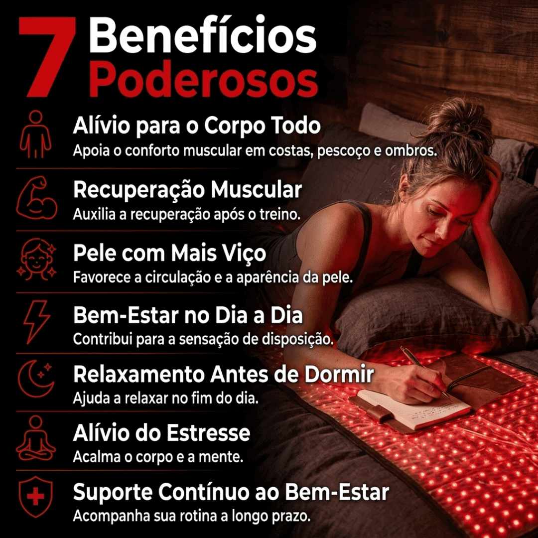 Mulher escrevendo em um caderno deitada sobre o tapete LumiCore aceso, com lista dos 7 benefícios de bem-estar
