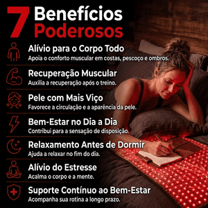 Mulher escrevendo em um caderno deitada sobre o tapete LumiCore aceso, com lista dos 7 benefícios de bem-estar