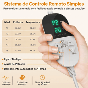Mão segurando o controle remoto do LumiCore, com 5 níveis de potência, 3 modos de pulso e timer de 90 minutos