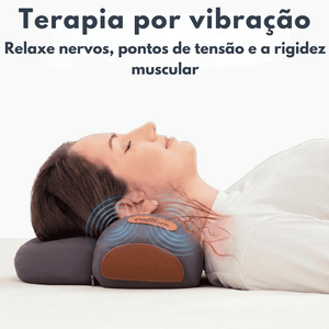 Mulher deitada com a cervical apoiada no travesseiro NeckCalm, com ilustração de ondas de vibração