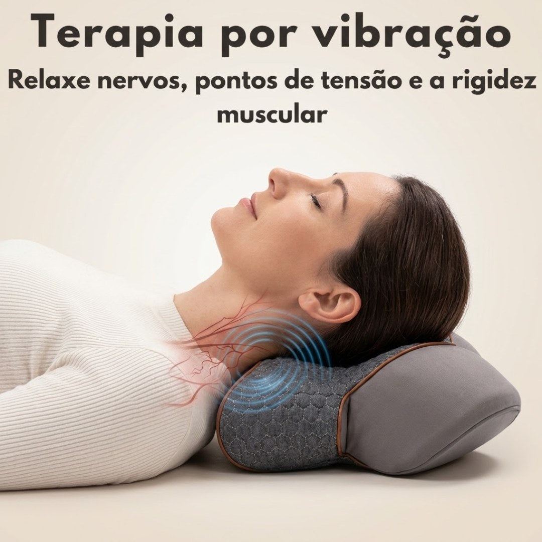 Mulher deitada de perfil com o pescoço apoiado no NeckCalm™, com ilustração da função vibração