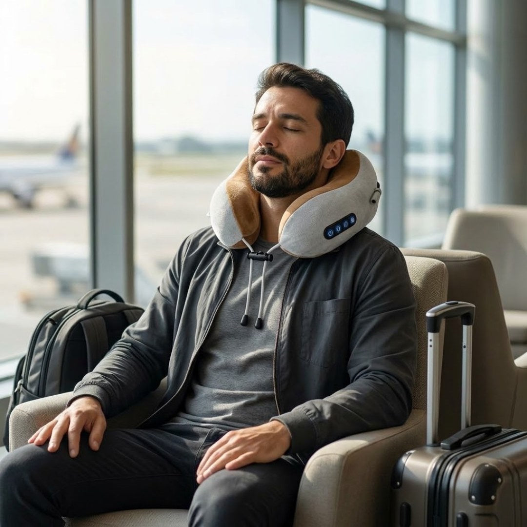 Homem descansando na sala de embarque do aeroporto com o NeckGo™ enquanto aguarda o voo