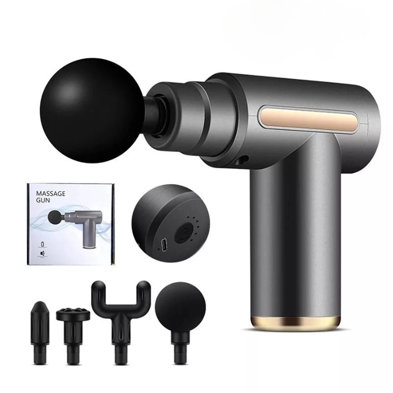 Pistola massageadora elétrica RelaxForce cinza com 4 cabeças de massagem intercambiáveis e caixa do manual