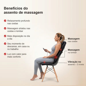 Mulher sentada com o RelaxSeat™ na cadeira e as áreas de massagem nas costas, lombar e assento