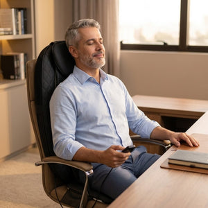 Homem relaxando com o RelaxSeat™ na cadeira do escritório