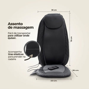 Medidas do RelaxSeat™ e as tiras elásticas para prender na cadeira