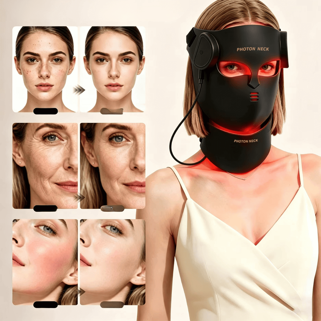 Mulher usando a máscara facial de LED LuminaCell com luz vermelha, ao lado de uma colagem de fotos de rostos