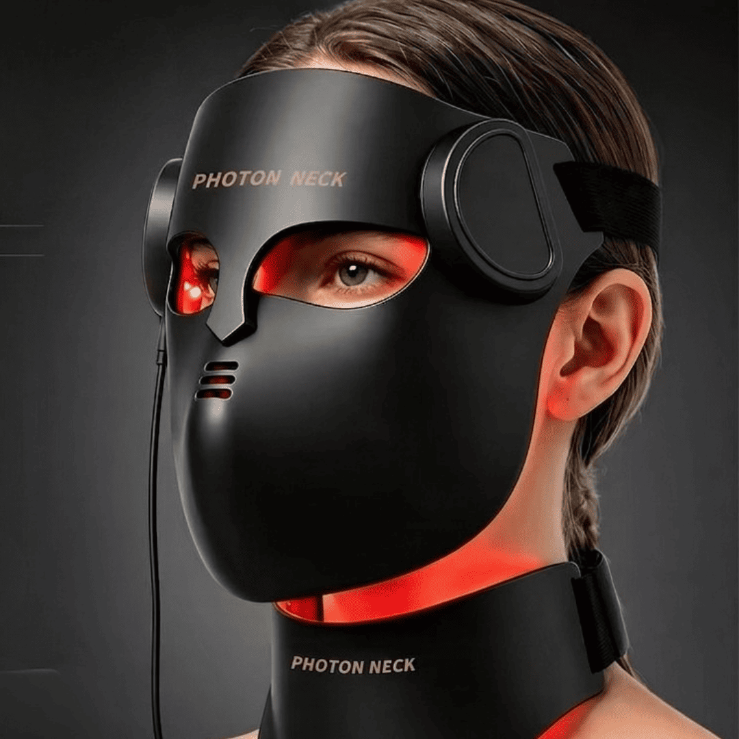 Mulher usando a máscara facial de LED LuminaCell com luz vermelha, cobrindo rosto e pescoço
