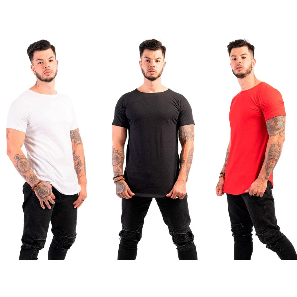 Kit com 3 Camisetas Masculinas Long Line Lisa