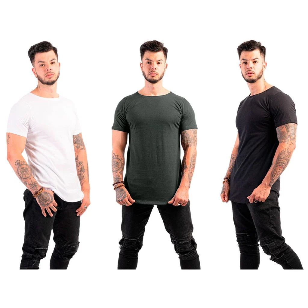 Kit com 3 Camisetas Masculinas Long Line Lisa