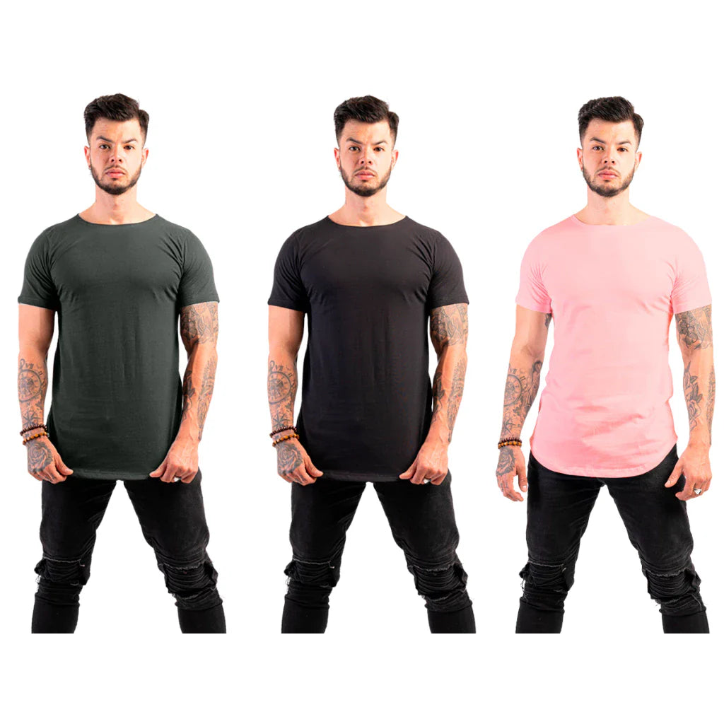 Kit com 3 Camisetas Masculinas Long Line Lisa