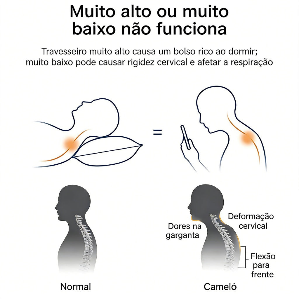 Ilustração comparando travesseiro alto ou baixo demais com o apoio cervical correto