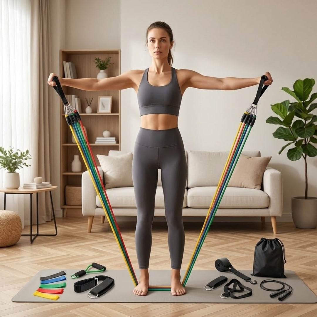 Mulher treinando braços com elástico extensor na sala de casa