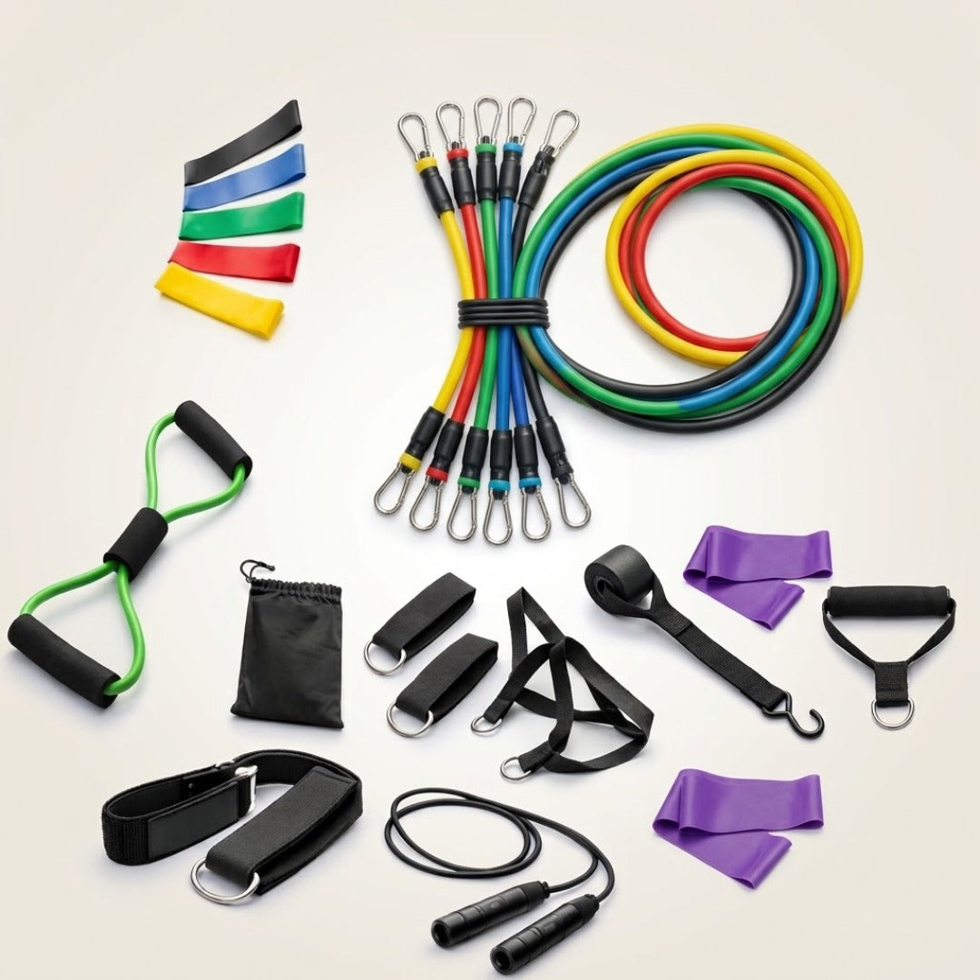 Kit elástico extensor com 20 itens: extensores, mini bands, corda e acessórios