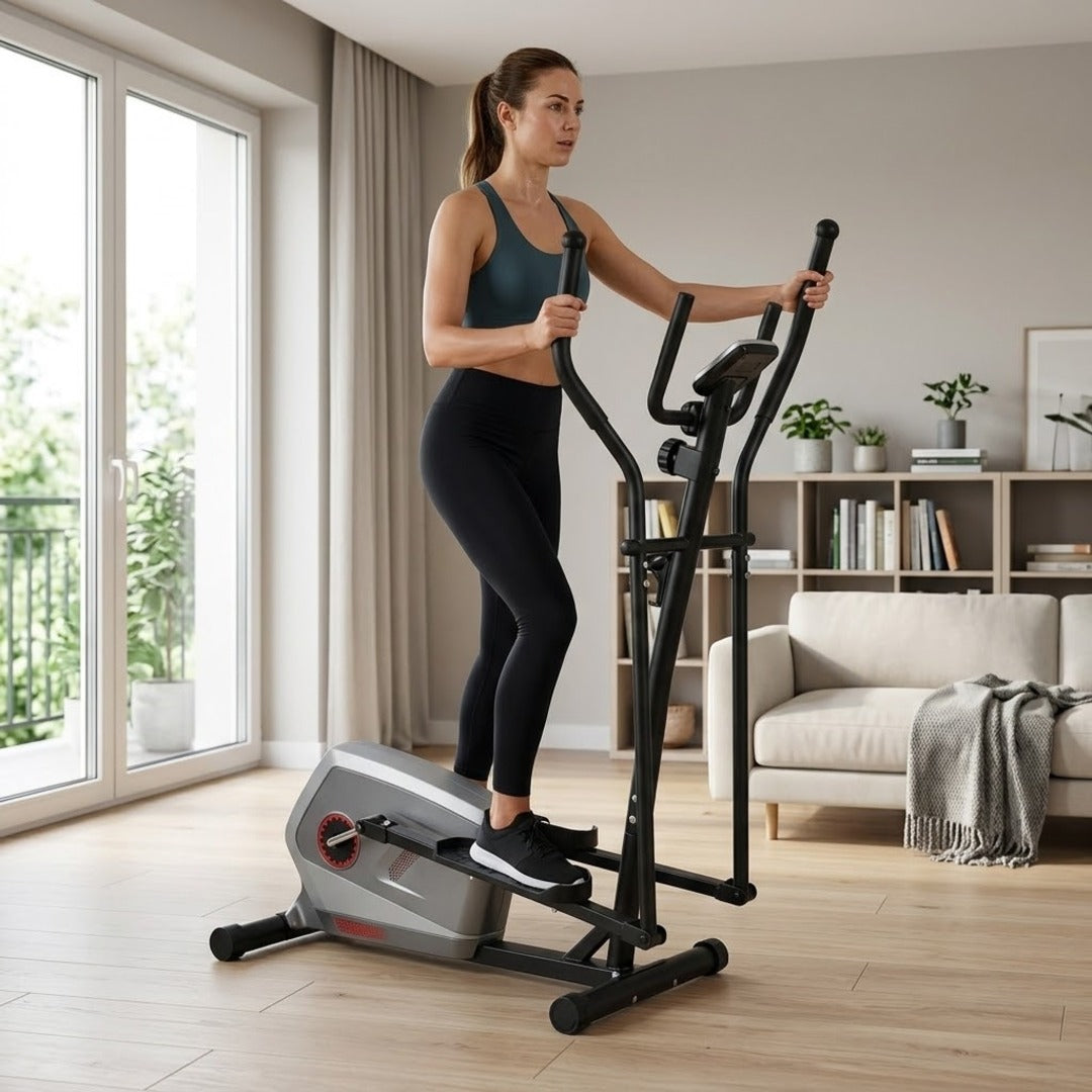 Mulher treinando no elíptico magnético na sala de estar