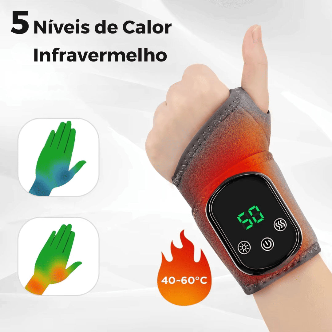 Munhequeira FlexPulse no punho com visor digital e ícones de mãos coloridas indicando calor de 40 a 60°C