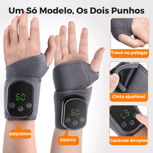 Munhequeira FlexPulse nos punhos esquerdo e direito, com destaque para a trava no polegar e a cinta ajustável