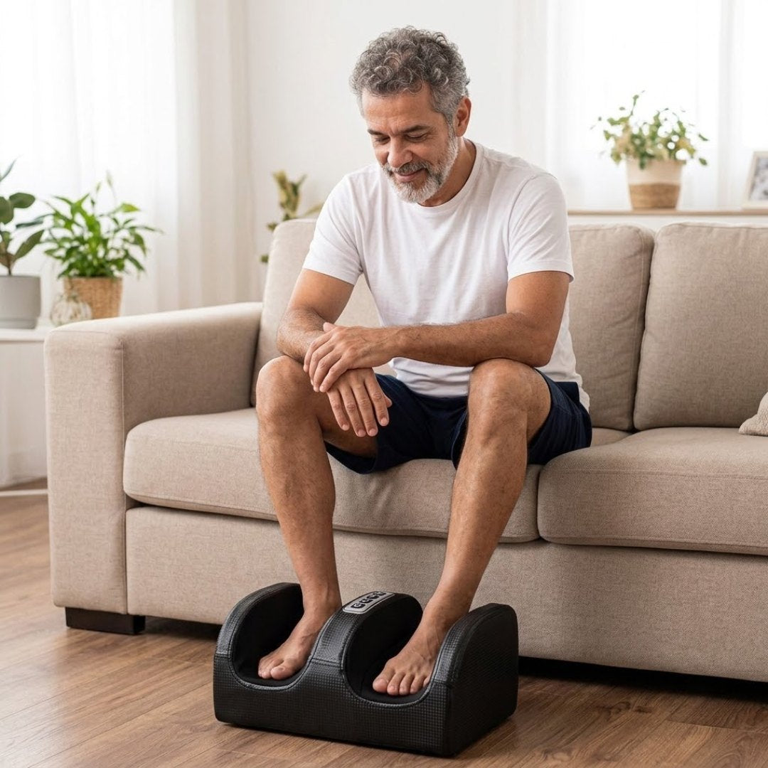 Homem grisalho sentado no sofá com os pés no massageador FootSpa™