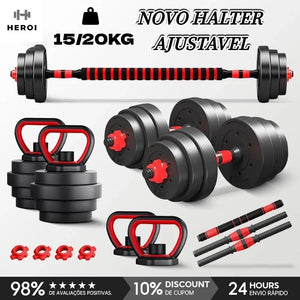 Kit de halteres ajustáveis com anilhas e barra longa