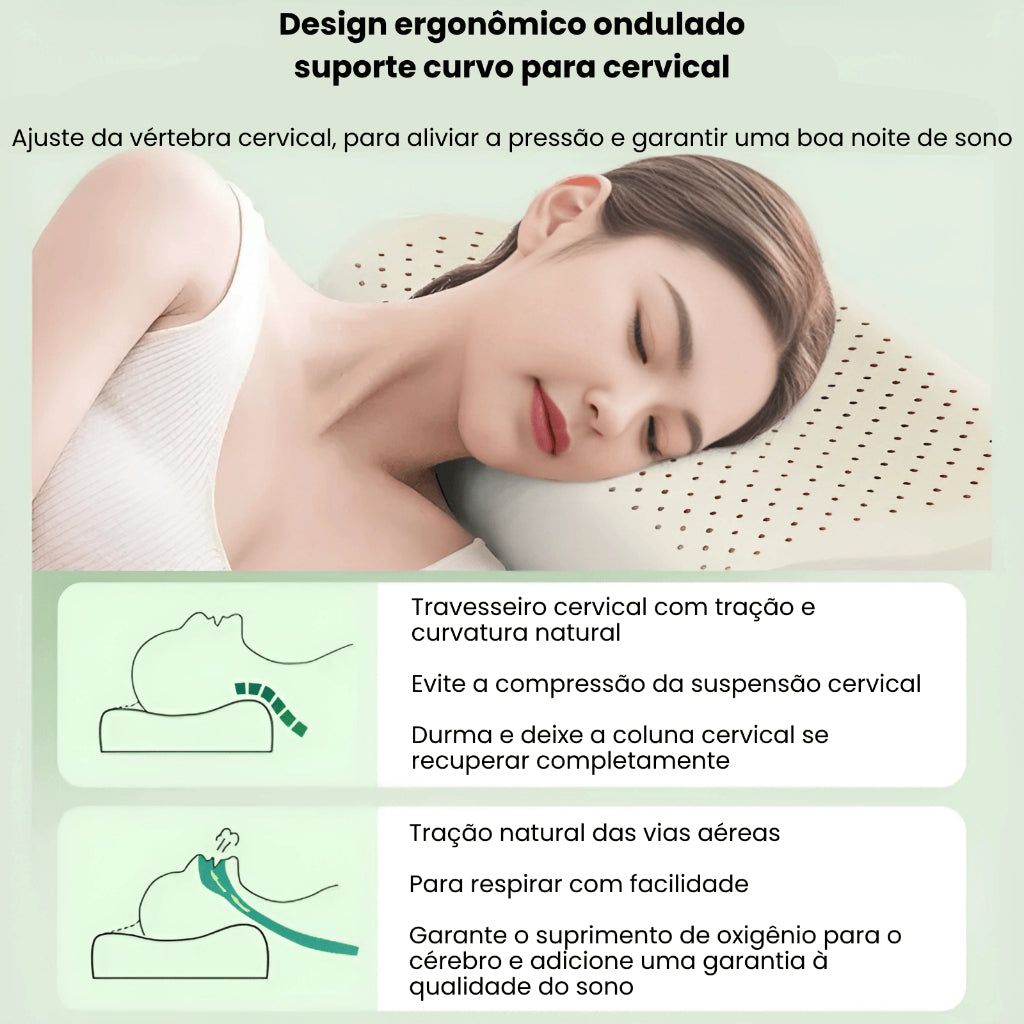 Mulher dormindo de lado no travesseiro cervical LatexCloud, com detalhes do formato