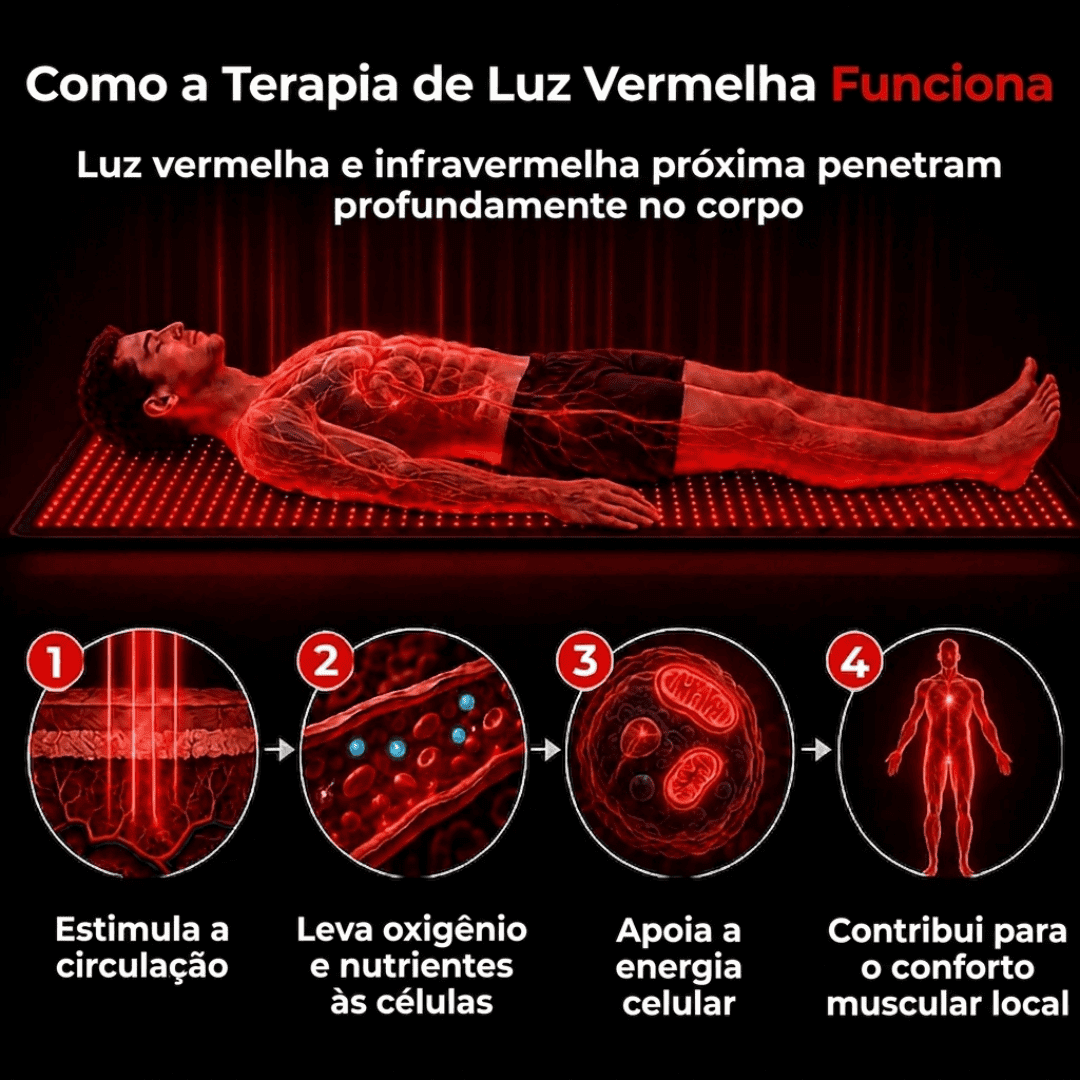 Homem deitado sobre o tapete LumiCore aceso, com infográfico de 4 etapas de como a terapia de luz funciona