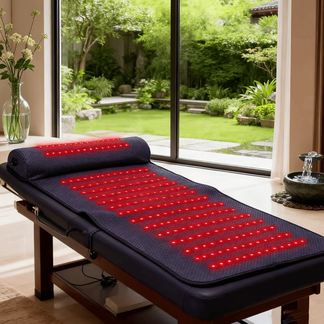 Tapete de luz vermelha LumiCore com travesseiro e LEDs acesos sobre maca de massagem, ao lado de janela com jardim