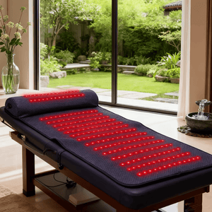 Tapete de luz vermelha LumiCore com travesseiro e LEDs acesos sobre maca de massagem, ao lado de janela com jardim
