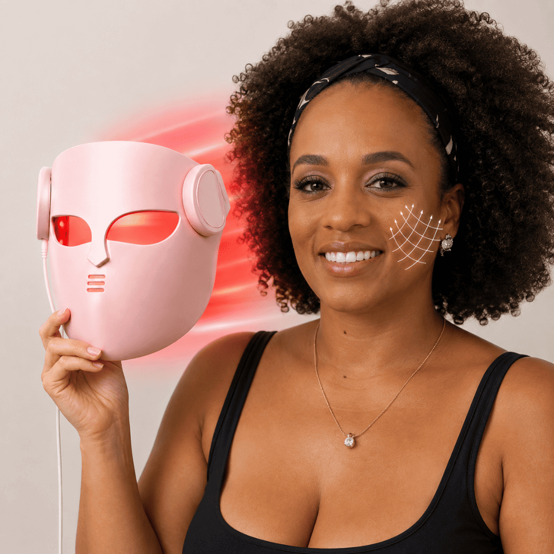 Mulher segurando a máscara facial de LED LuminaCell rosa próxima ao rosto, com efeito de luz vermelha