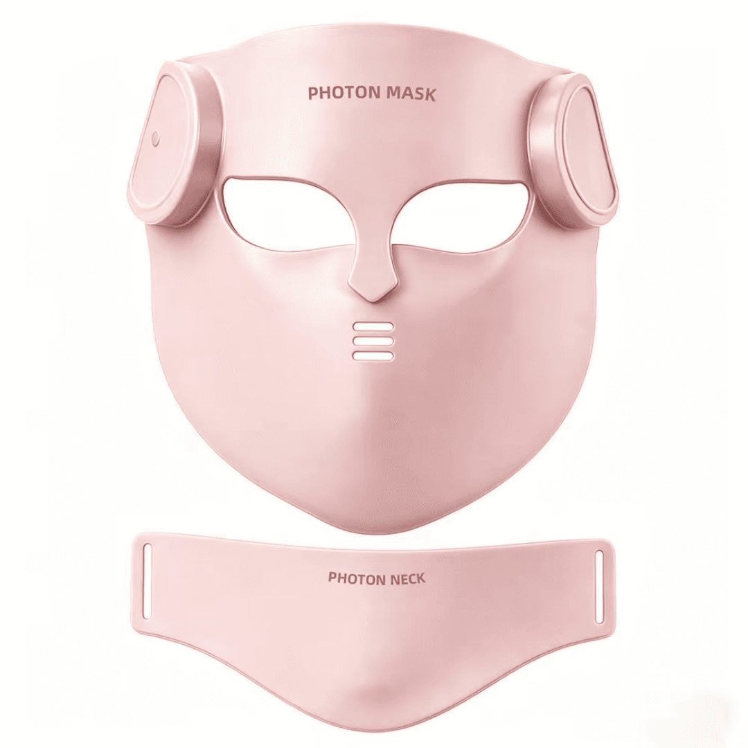 Máscara facial de LED LuminaCell na cor rosa, com peça para o pescoço, vista frontal do produto
