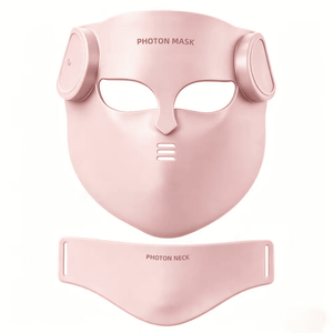Máscara facial de LED LuminaCell na cor rosa, com peça para o pescoço, vista frontal do produto