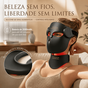 Infográfico da máscara facial de LED LuminaCell mostrando o design sem fio e a bateria de 2000mAh