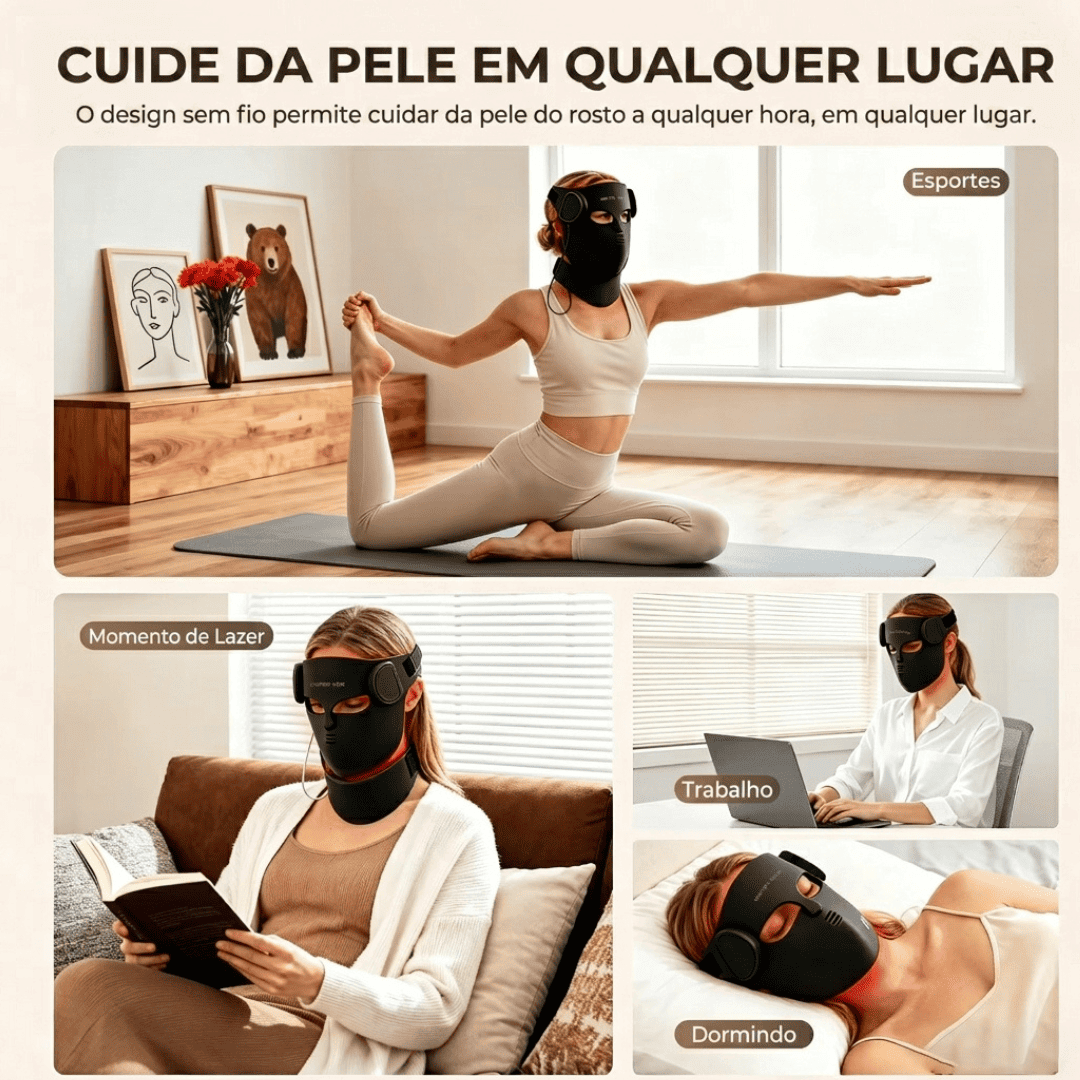 Colagem mostrando o uso da máscara facial de LED LuminaCell sem fio durante exercício, leitura, trabalho e sono