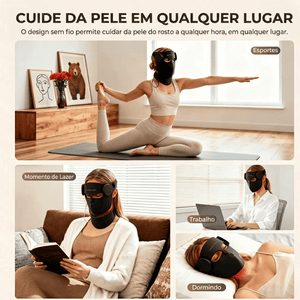 Colagem mostrando o uso da máscara facial de LED LuminaCell sem fio durante exercício, leitura, trabalho e sono