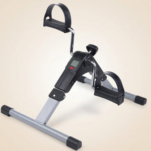 Mini bicicleta ergométrica preta com monitor LCD e pedais com correia
