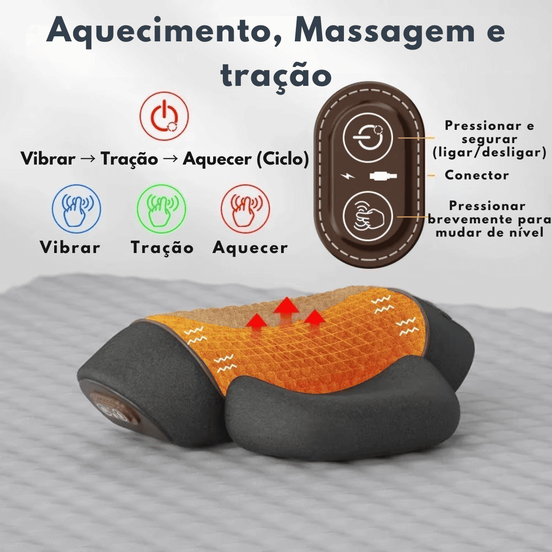 Travesseiro NeckCalm com controle de botões e ciclo de vibração, tração e aquecimento