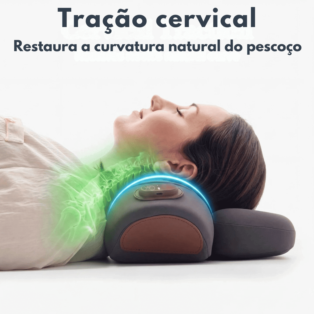 Mulher deitada com o pescoço apoiado no travesseiro NeckCalm, com destaque na tração cervical e na curva do pescoço