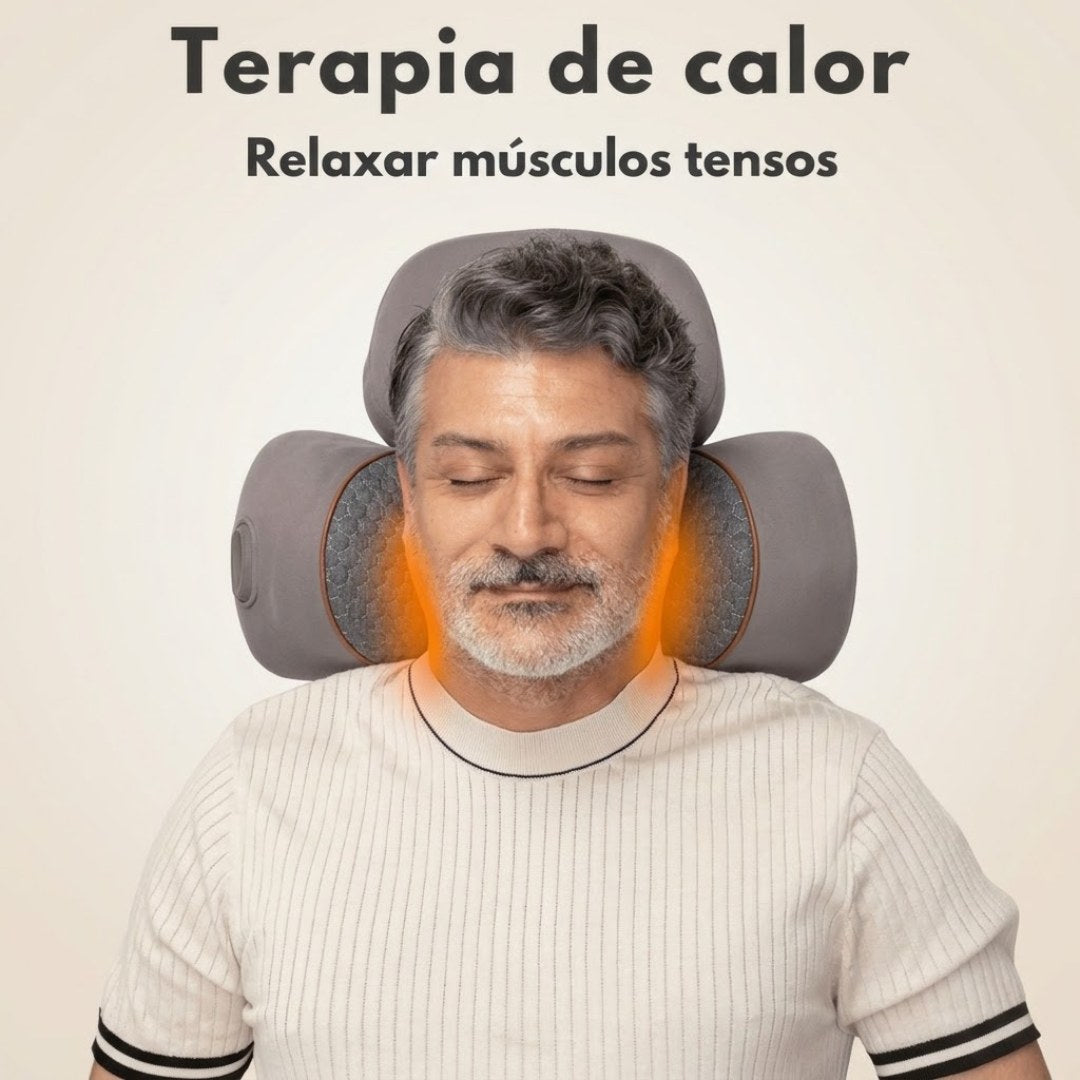 Homem de olhos fechados usando o NeckCalm™, com destaque da função aquecimento nas laterais do pescoço