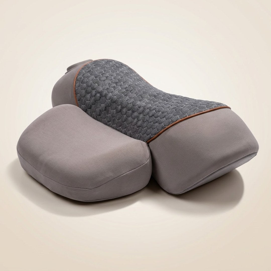 NeckCalm™ travesseiro cervical elétrico cinza com faixa central texturizada e almofadas laterais