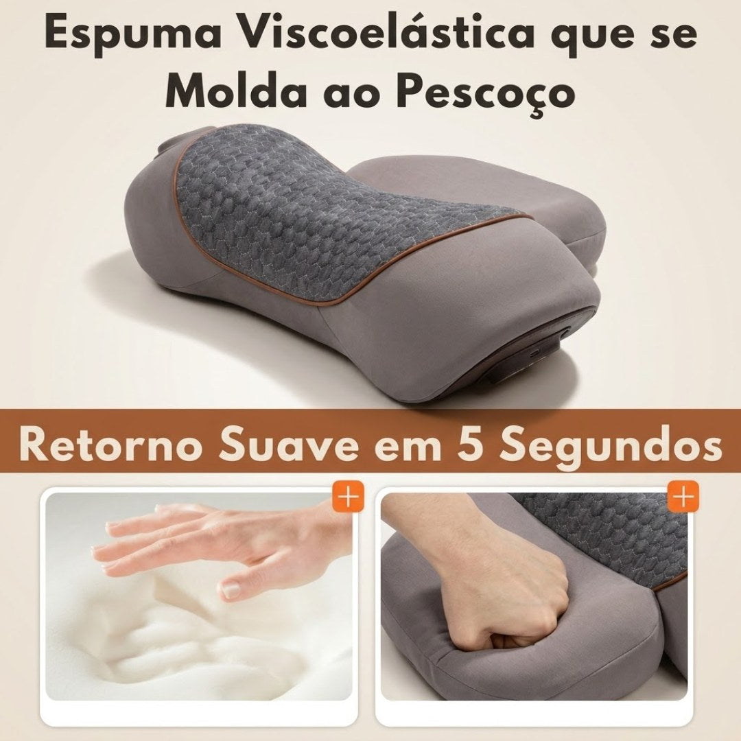 Espuma viscoelástica do NeckCalm™ sendo pressionada pela mão, com retorno suave em 5 segundos