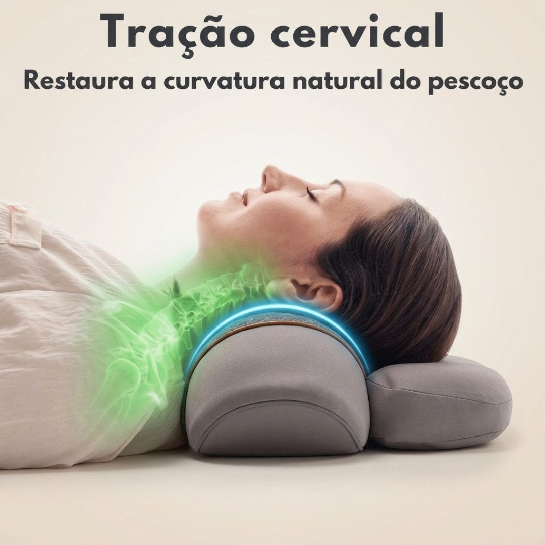 Mulher deitada de perfil no NeckCalm™, com ilustração da função tração na região cervical