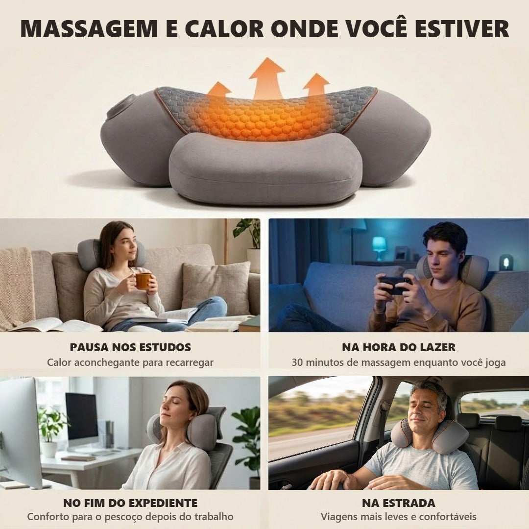 NeckCalm™ com aquecimento e pessoas usando no estudo, no lazer, no trabalho e em viagem de carro