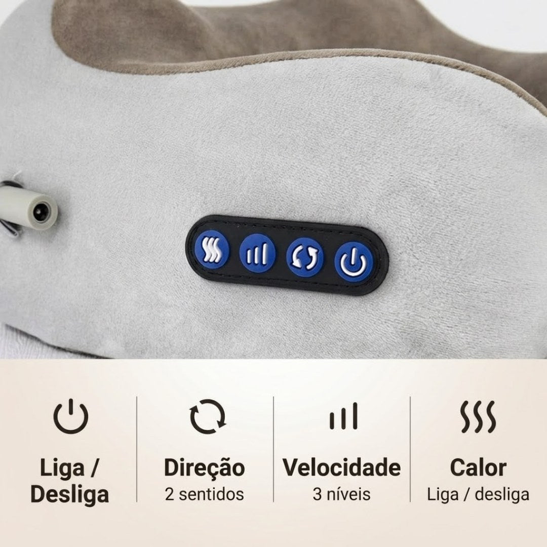 Painel do NeckGo™ com botões liga/desliga, direção em 2 sentidos, velocidade em 3 níveis e calor
