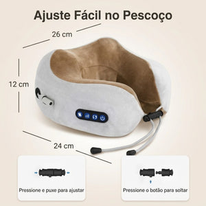 Medidas do NeckGo™: 26 x 24 x 12 cm, com instruções da trava de ajuste do cordão