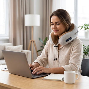 Mulher trabalhando no notebook em casa usando a almofada massageadora NeckGo™ no pescoço