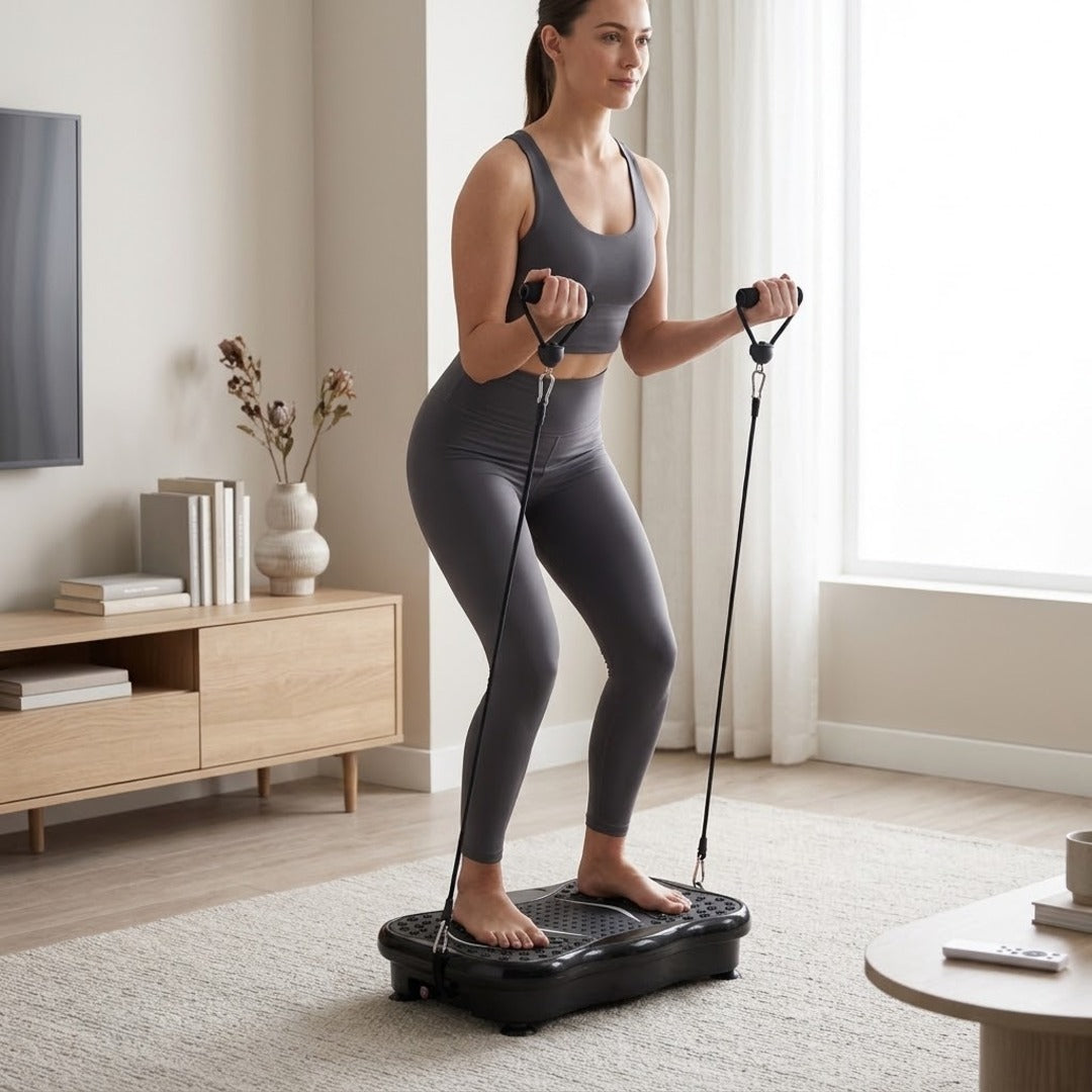 Mulher treinando na plataforma vibratória com elásticos na sala
